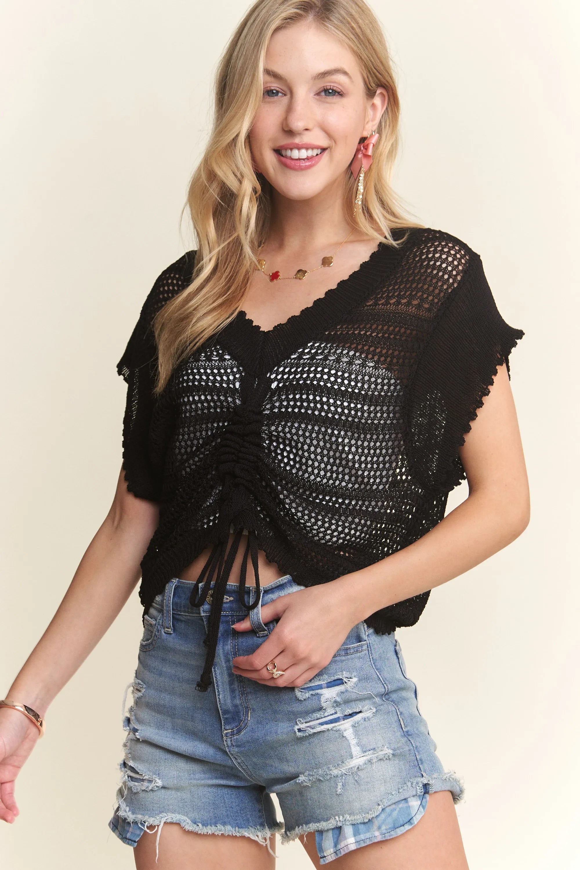 ADORA Drawstring Detail Crochet Top