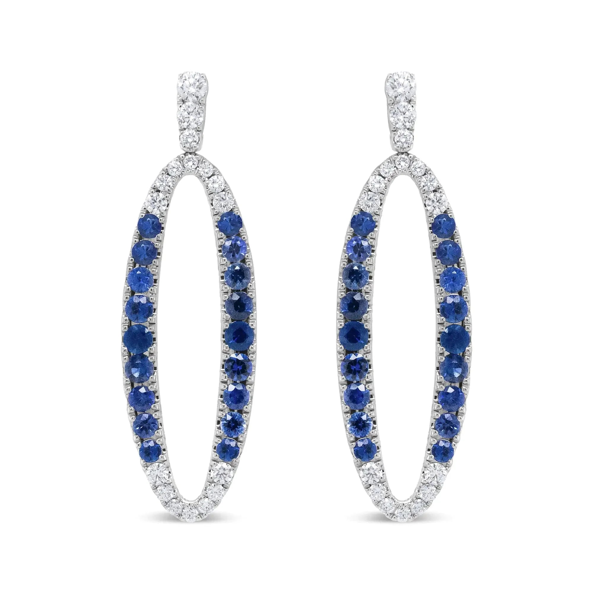 18K White Gold 1.11 Cttw Blue Round Diamond and Blue Sapphire Openwork Oval Shaped Dangle Earrings (F-G Color, VS1-VS2 Clarity)