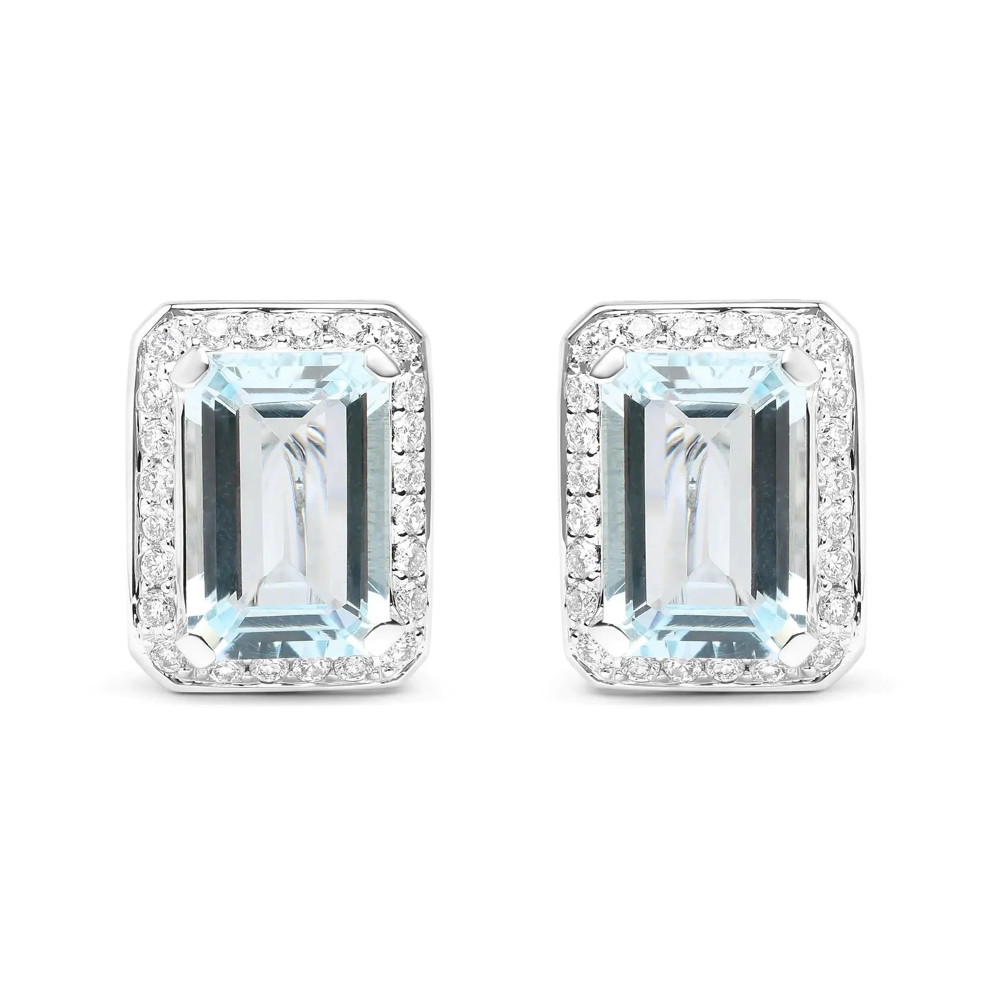 18K White Gold 3/4 Cttw Round Diamond and 13x9mm Emerald Cut Blue Aquamarine Gemstone Halo Omega Stud Earrings (G-H Color, SI1-SI2 Clarity)