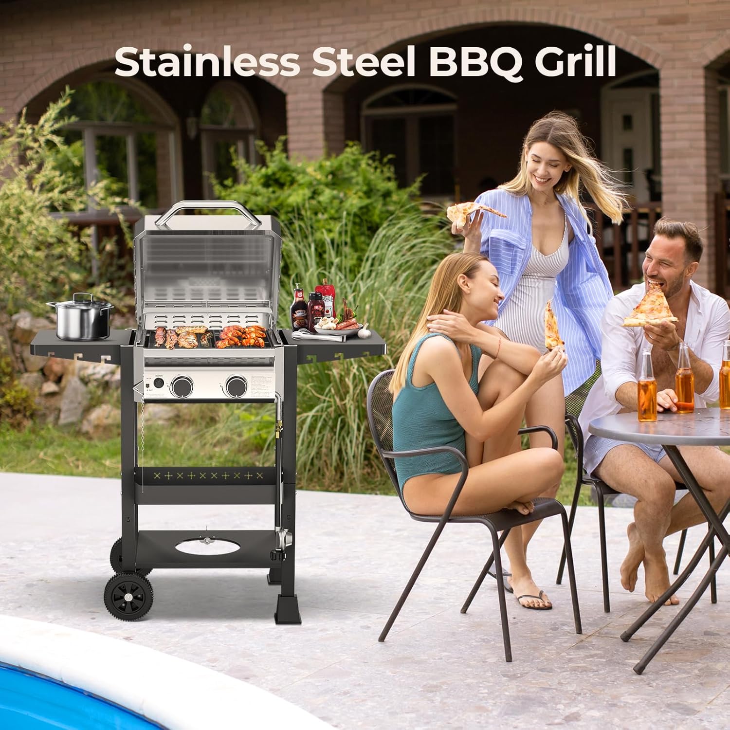 2-Burner Stainless Steel Propane Grill, 16,000 BTU Portable Gas BBQ with Electronic Ignition