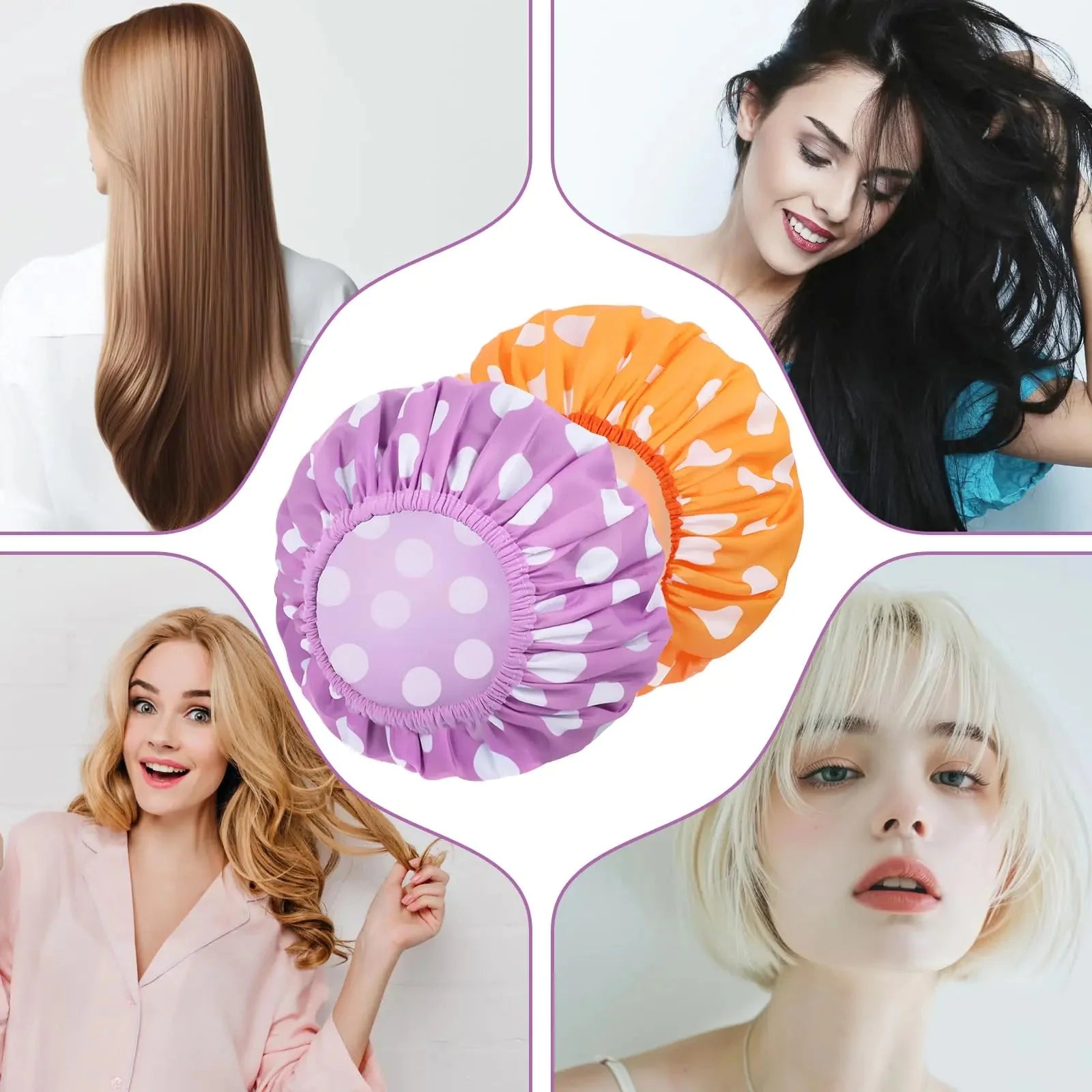 2 Packs Large Shower Caps for Women, Reusable Waterproof Shower Cap Bath Caps with Hair Scrunchies for Long Thick Hair (Purple/Orange) purple, orange