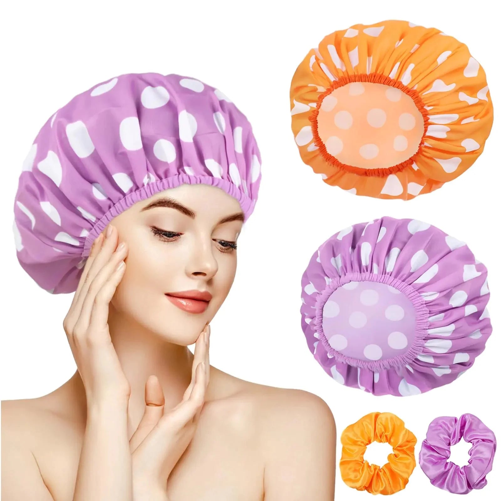 2 Packs Large Shower Caps for Women, Reusable Waterproof Shower Cap Bath Caps with Hair Scrunchies for Long Thick Hair (Purple/Orange) purple, orange