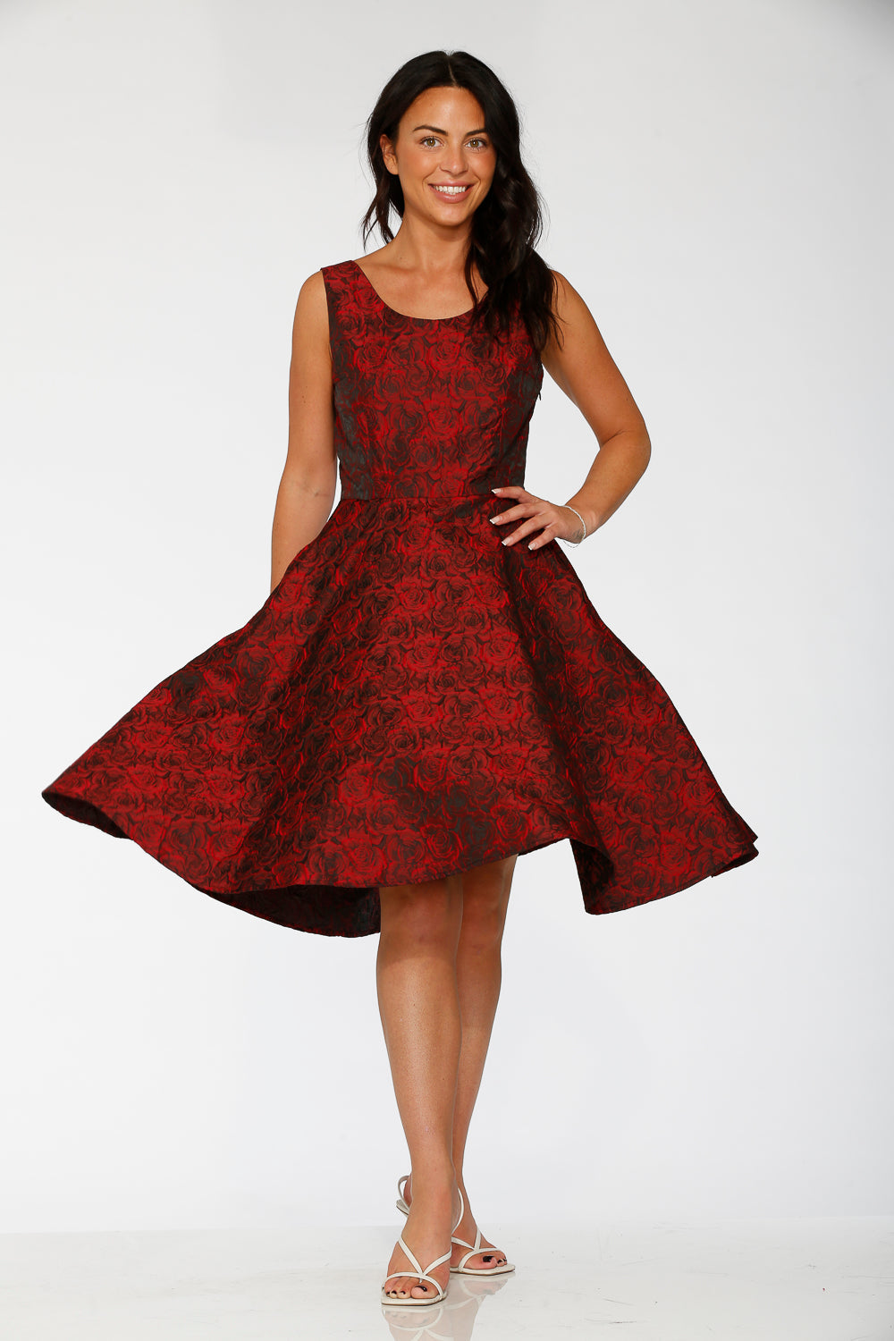 24400 Black Red Rose Brocade Floral Swing Dress