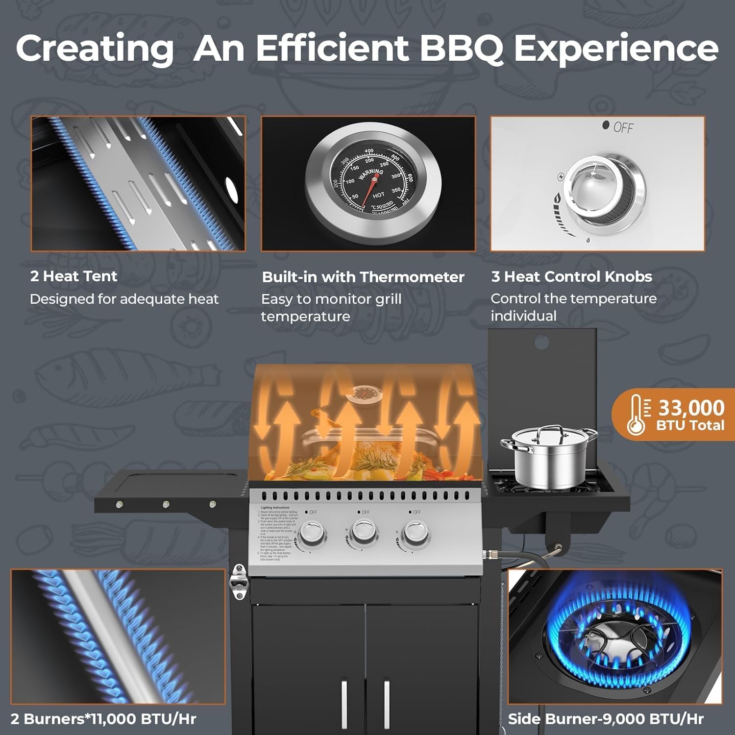 3 Hearth Propane Gas Grill, 355 Sq. Inch Cooking Area, Outdoor Camping Picnic, Black