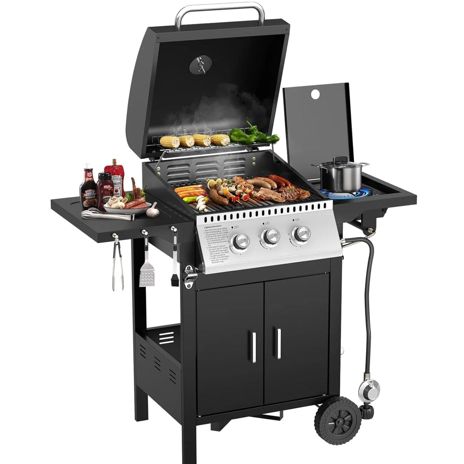3 Hearth Propane Gas Grill, 355 Sq. Inch Cooking Area, Outdoor Camping Picnic, Black