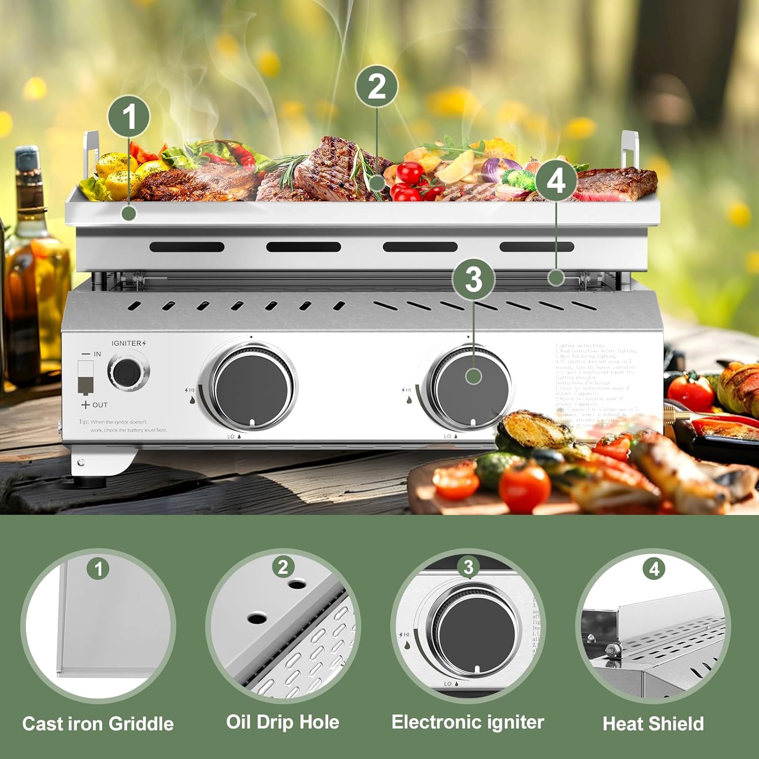 3 Burners Portable Propane Griddle,25 inch Stainless Steel Gas Grill,24,000 BTU Table Top Grill TG0130C