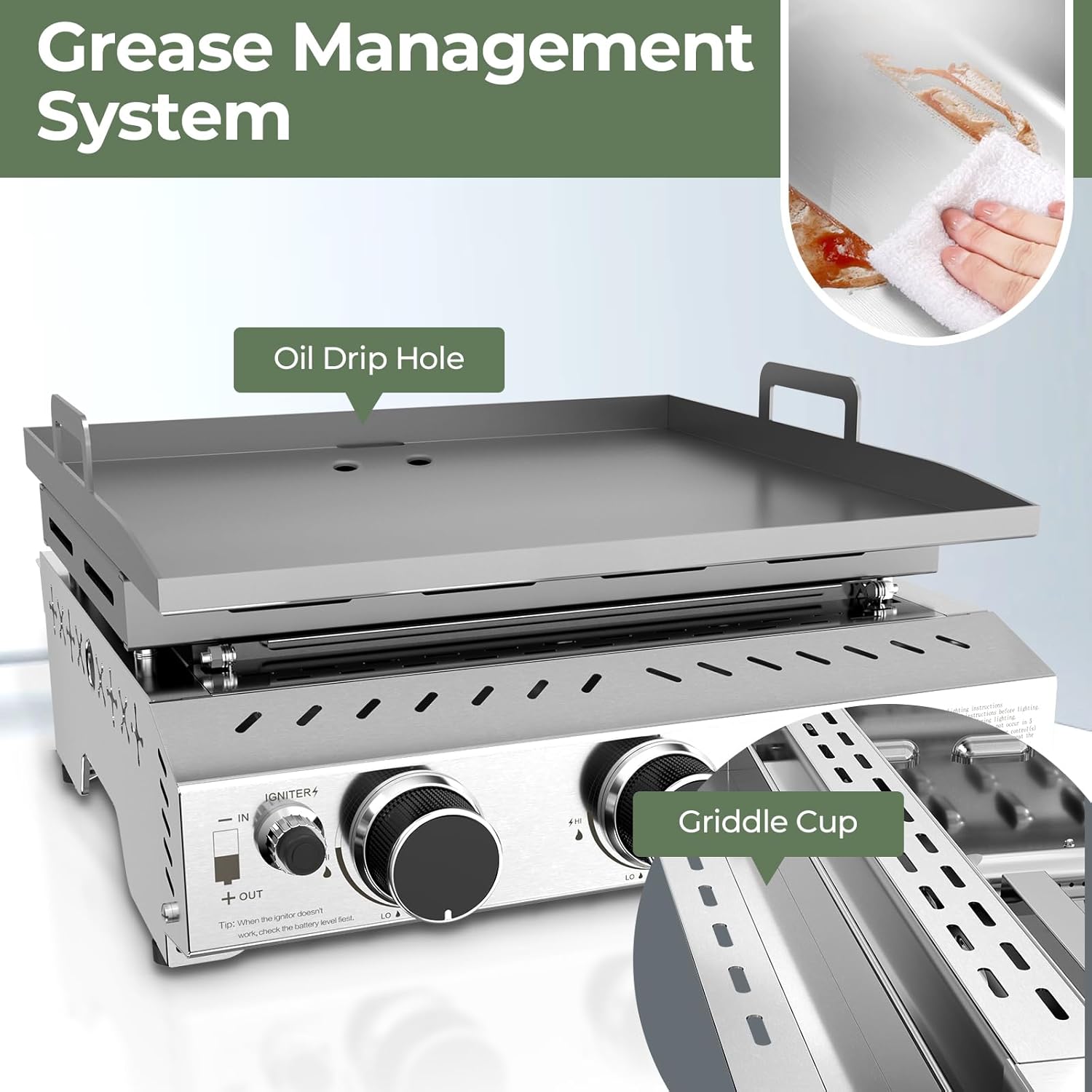 3 Burners Portable Propane Griddle,25 inch Stainless Steel Gas Grill,24,000 BTU Table Top Grill TG0130C