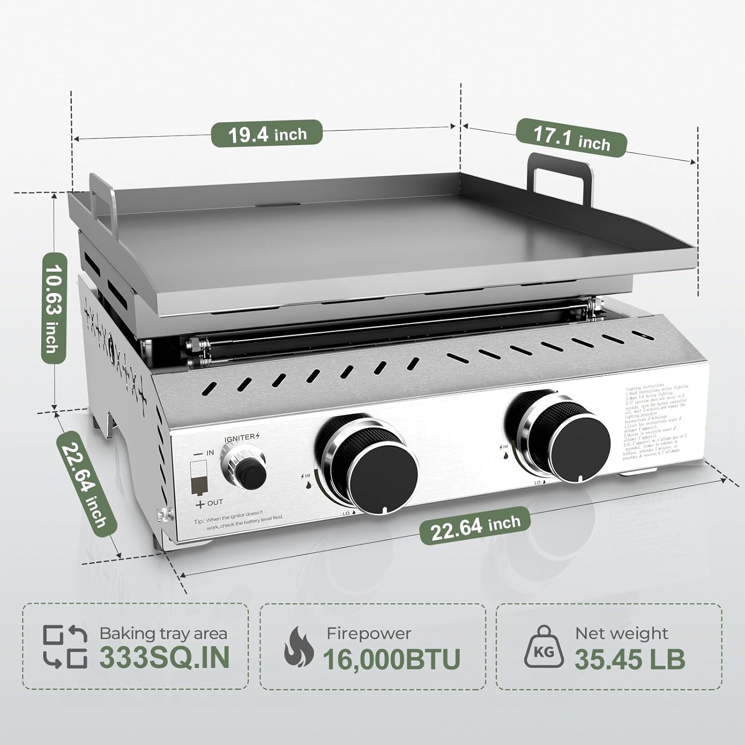 3 Burners Portable Propane Griddle,25 inch Stainless Steel Gas Grill,24,000 BTU Table Top Grill TG0130C