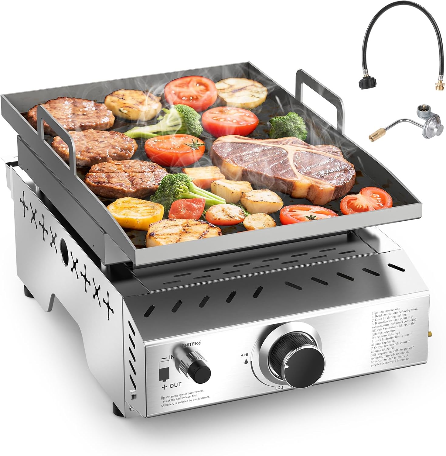 3 Burners Portable Propane Griddle,25 inch Stainless Steel Gas Grill,24,000 BTU Table Top Grill TG0130C
