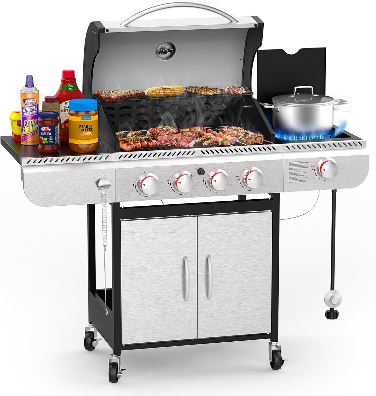 3 & 4-Burner Propane Gas Grills with Side Burners, for Outdoor Cooking, BBQ, Patio, Camping