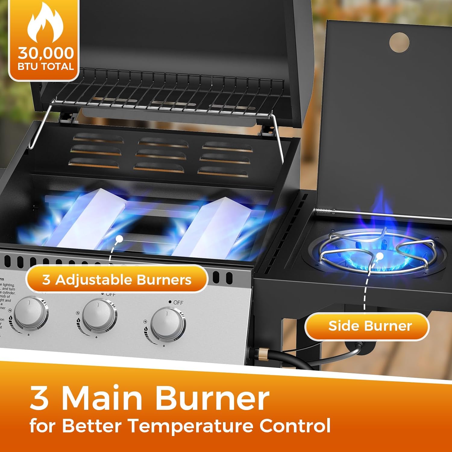 3 & 4-Burner Propane Gas Grills with Side Burners, for Outdoor Cooking, BBQ, Patio, Camping