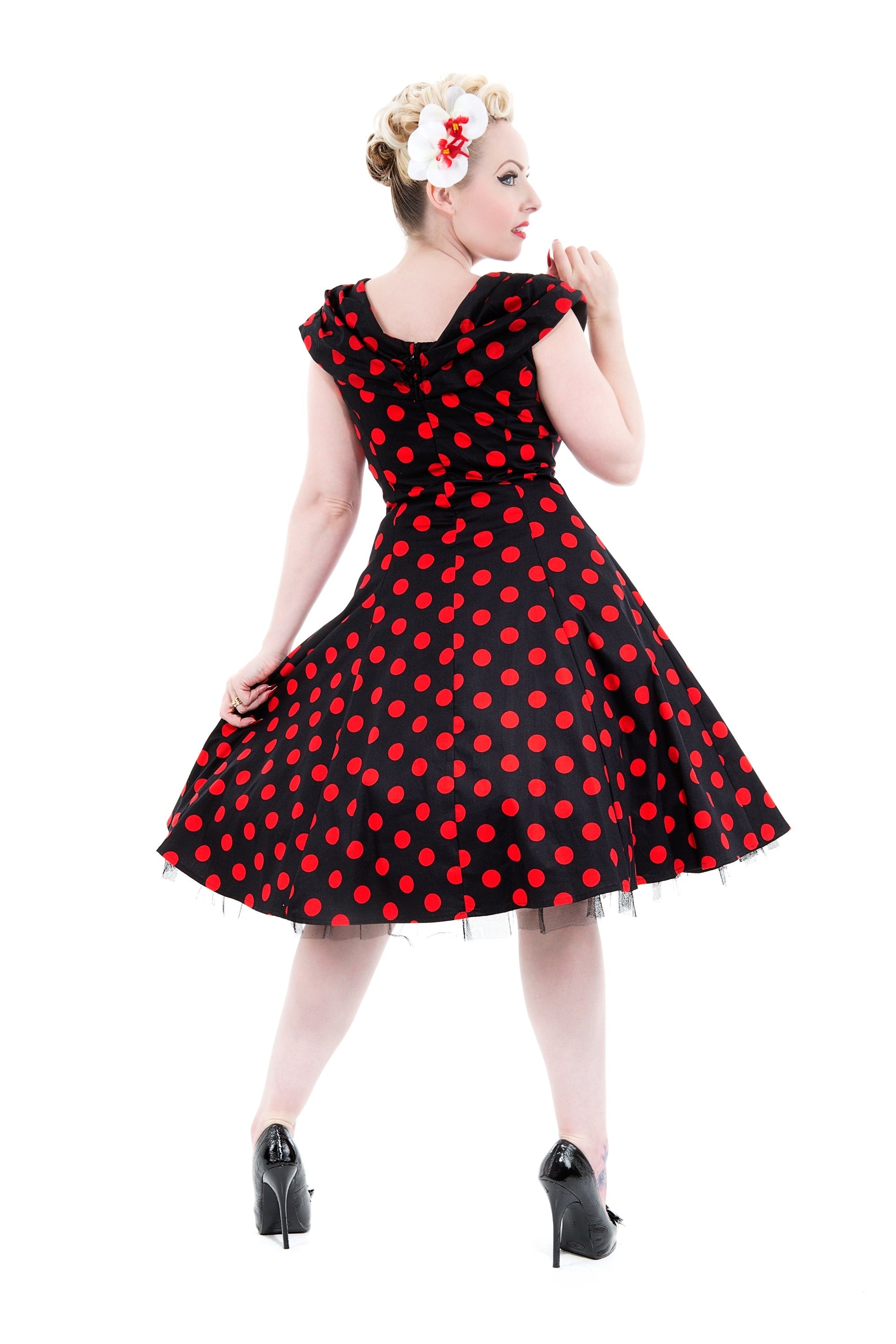 6847 Black Red Polka Dot Swing Dress