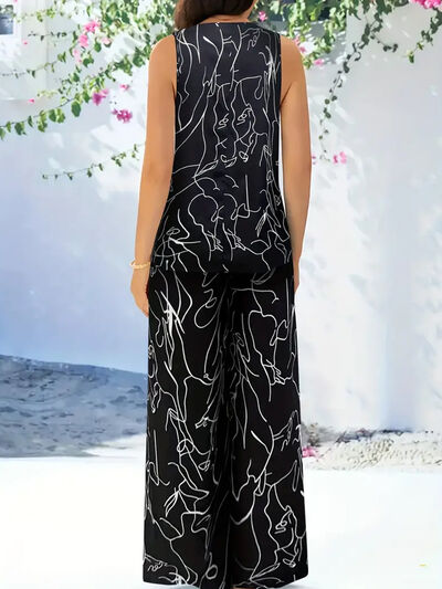 Abstract Print Round Neck Tank and Pants Set