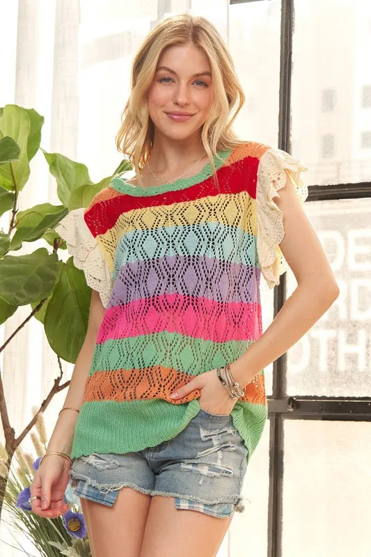 ADORA Eyelet Sleeve Multi Color Crochet Top