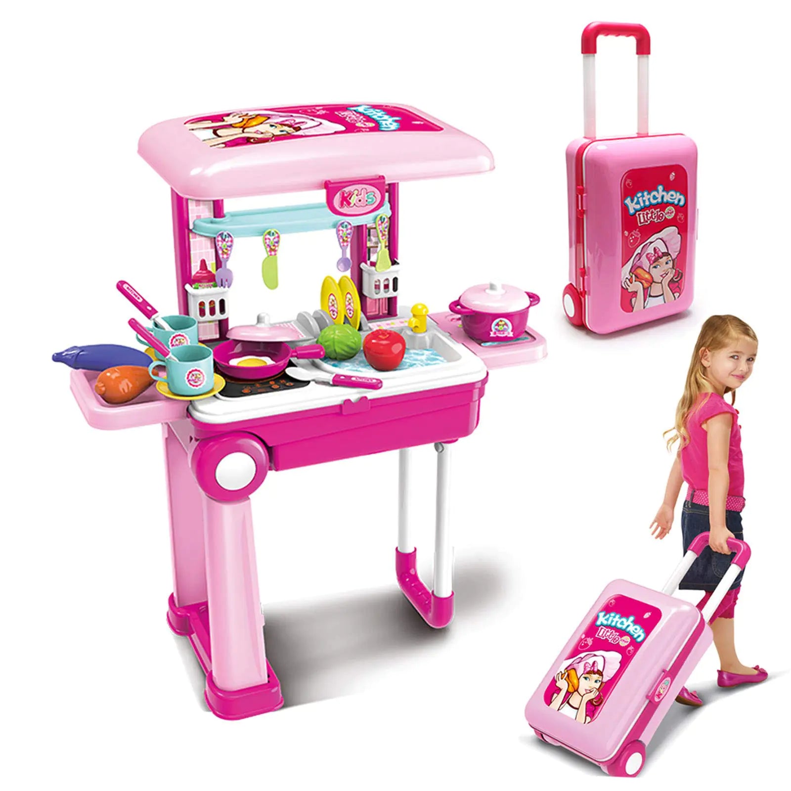 2-in-1Travel Luggage Turn into Play Kitchen Kids Kitchen Playset Toys with 25+Play Food for Toddelers Girls and Boys Pretend Play 25" H x 9.8" W x 20.8" L