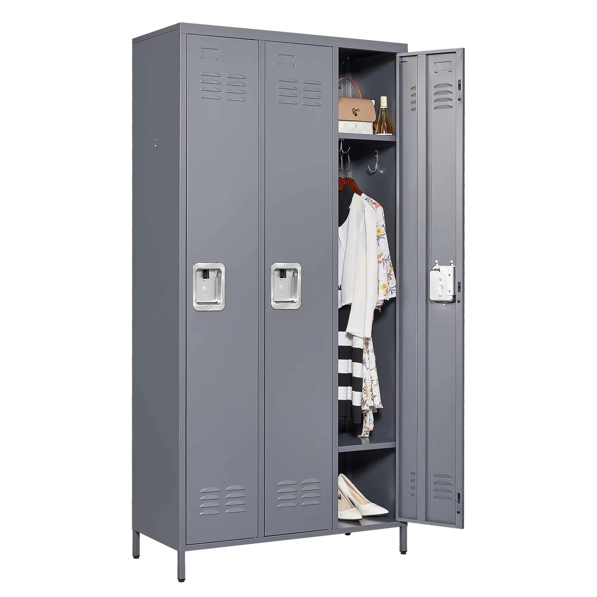 3 Employee Metal Lockers With 72 Inch High Locks, Home Gym Office, School Garage Lockers, Gray