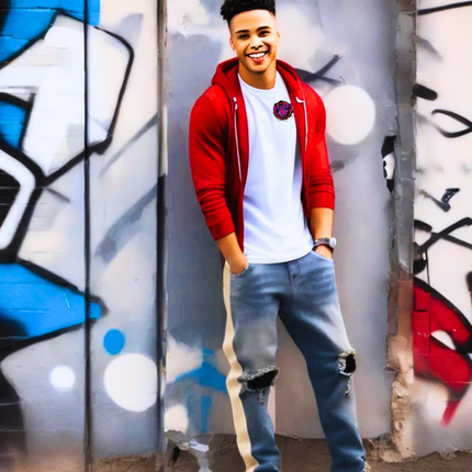 Trendy modern style for young Men's cream Striped Ripped in the knees blue Jeans
