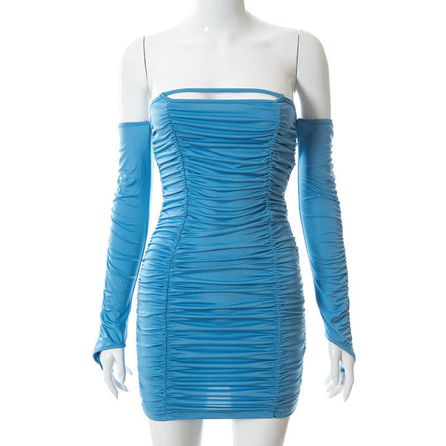 Pure Color Hollow Shoulder  Back Pleated Short Dress