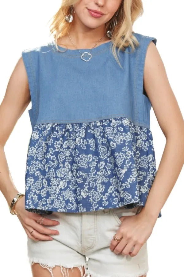 ADORA Sleeveless Denim Contrast Top
