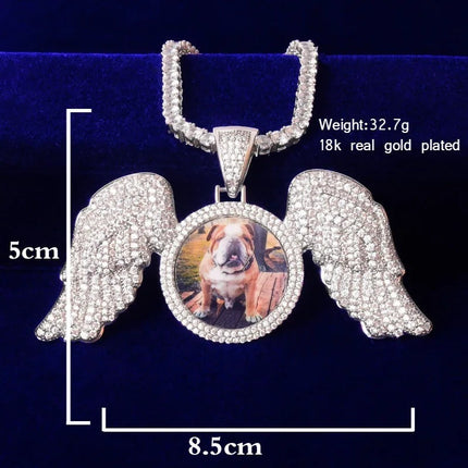 Large Winged Round Photo Copper Hip Hop Photo Frame Pendant Necklace