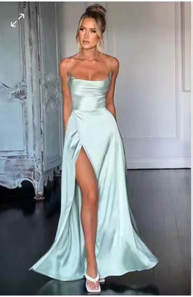 Women's Elegant Backless Split Maxi Dress – High Waist V-Neck Belted Gown