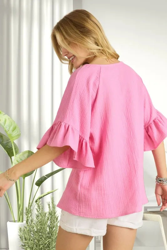 ADORA Ruffle Sleeve Crinkle Top