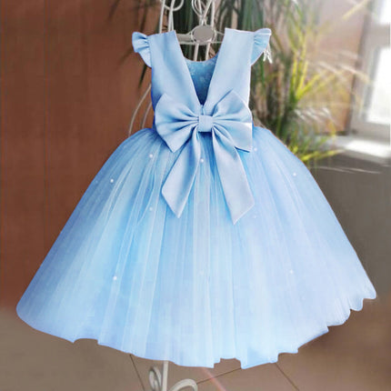 Girl's Gown Mesh Backless Bow Umbrella Princess Dress