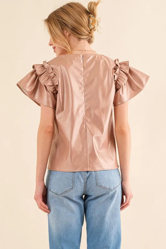 And The Why Faux Leather Ruffle Sleeves V Neck Top