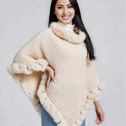 New Luxury Rabbit Fur Collar Shawl Cape for women Elegant Autumn Winter Fashion