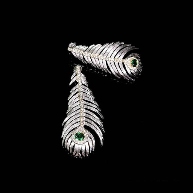 Weave Carved Gold Peacock Emerald Relief Feather Earrings