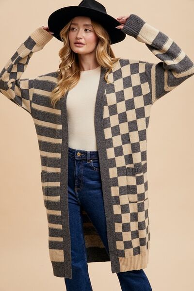 Annie Wear Checkered & Striped Open Front Long Sleeve Cardigan #2