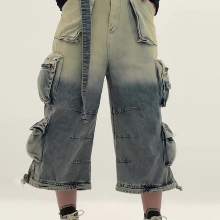 High - Waisted Ombre Cargo Jeans With Multiple Pockets