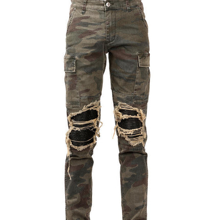 Camouflage Jeans Washed And Ripped Cat's Whiskers And Leather