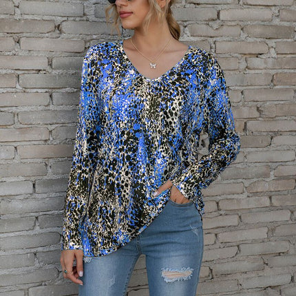 Ladies V-Neck Pleated Print Long-Sleeved Plus Size T-Shirt Top
