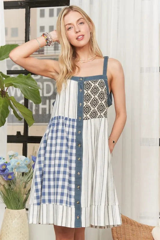 ADORA Patchwork Button Front Mini Dress