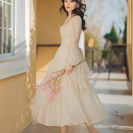 Girl French Woman Chic Dress Romantic Bow Bandage Chiffon