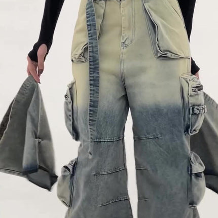 High - Waisted Ombre Cargo Jeans With Multiple Pockets