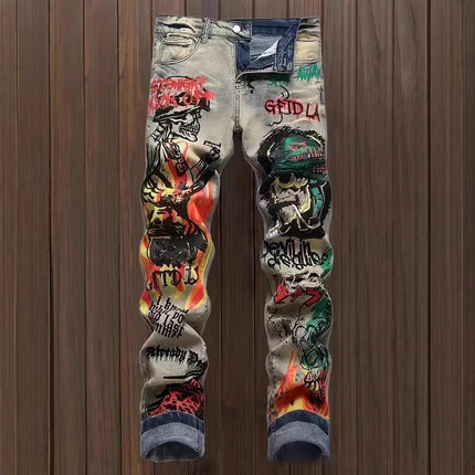 Slim-fit Stretch Ripped Embroidered Vintage Patch Jeans