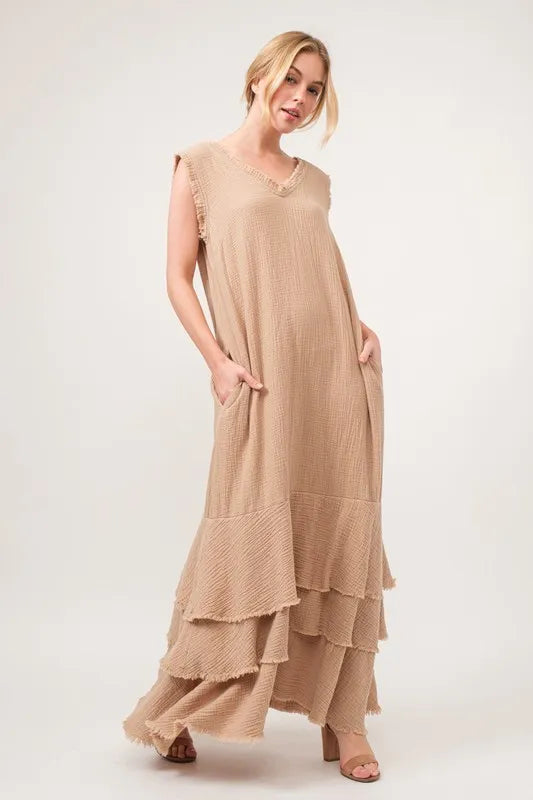 And The Why Washed Cotton Gauze Fringe Detail Tiered Dress