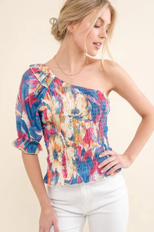And The Why Allover Floral Print Smocked One Shoulder Blouse