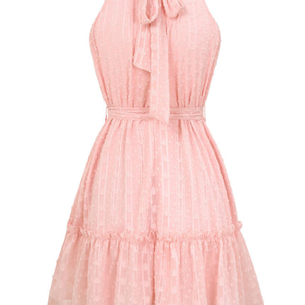 Solid Color Halterneck Dress Summer Casual Lace Tie Waist Womens Clothing New Fashion Vacation Beach Dresses