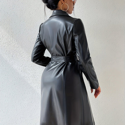 Long Sleeve Lapel PU Leather Jacket With Pockets Slim Fit Long Trench Coat Women's Clothing
