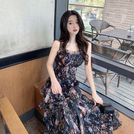 Printed A-line Skirt Summer New Product Temperament Was Thin Suspender Skirt