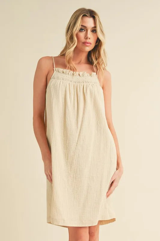 Aemi + Co Embroidered Trim Gauze Square Neck Mini Cami Dress