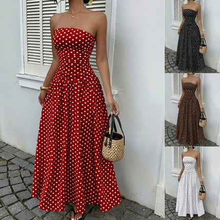 Elegant Off-Shoulder Polka Dot Dress – Strapless High-Waist Style