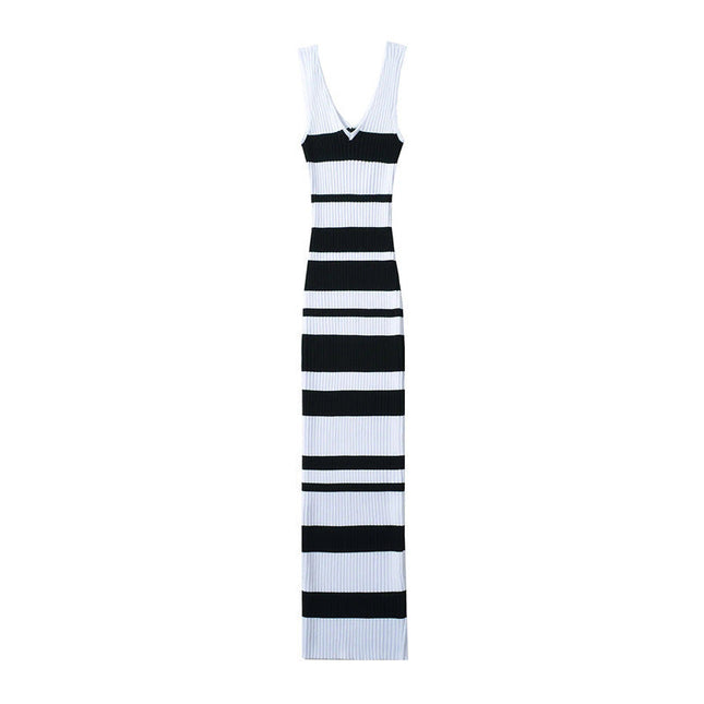 European And American Hot Girl Double V-neck Color Sleeveless Knitted Dress Intellectual Elegant Skinny Sheath