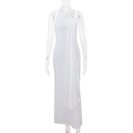 Ins Hot Girl Fashion Backless Temperament Three-dimensional Flower Decoration Halter Dress