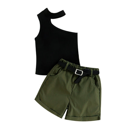 Summer Girl Ins Shoulder Halter Sunken Stripe Top Shorts Suit