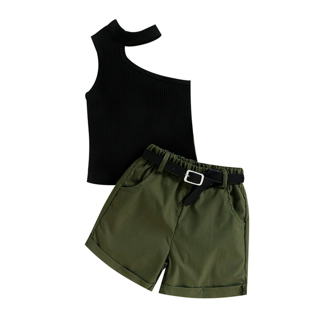 Summer Girl Ins Shoulder Halter Sunken Stripe Top Shorts Suit