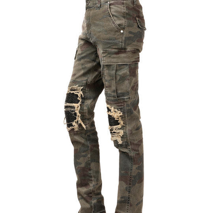 Camouflage Jeans Washed And Ripped Cat's Whiskers And Leather
